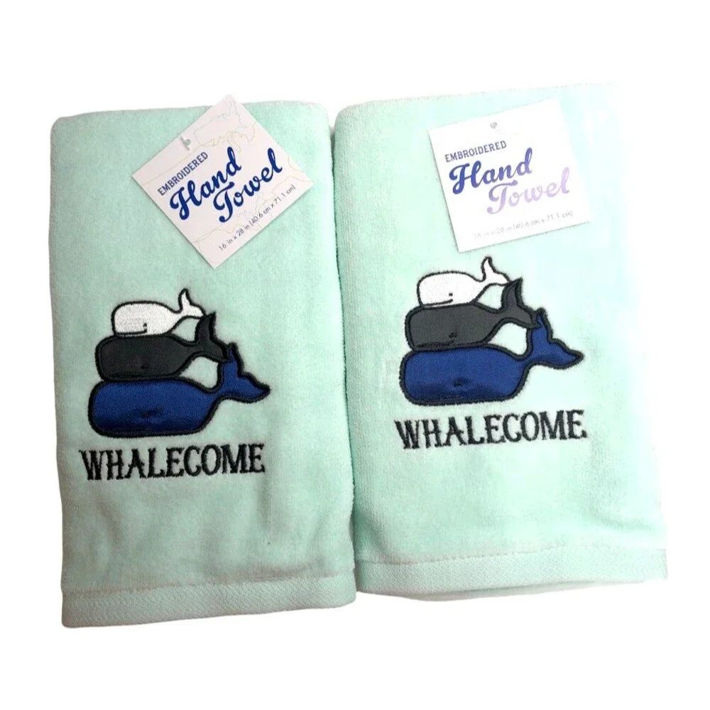 Whale Hand Towels Embroidered Bath Summer Beach Mint Green Set of 2 Whales